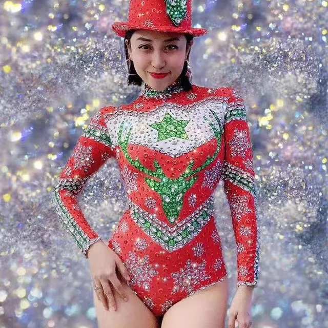 

Shining Rhinestones Stage Costume Cosplay Festival Rave Drag Queen Clothing Women Sexy Merry Christmas Bodysuits