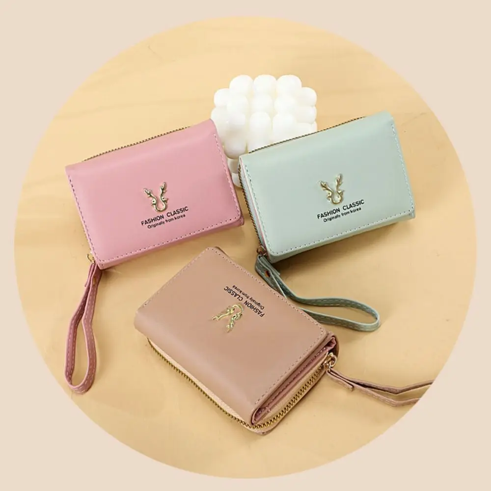 Luxury Leather Short Wallet Large Capacity Solid Color Card Holder Small Antler Women's Handbag Lady