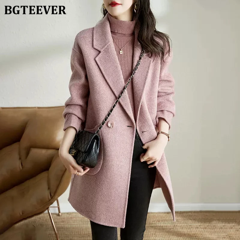 BGTEEVER Stylish Double Breasted Thicken Warm Female Blend Coats Elegant Full Sleeve Pockets Ladies Woolen Jackets
