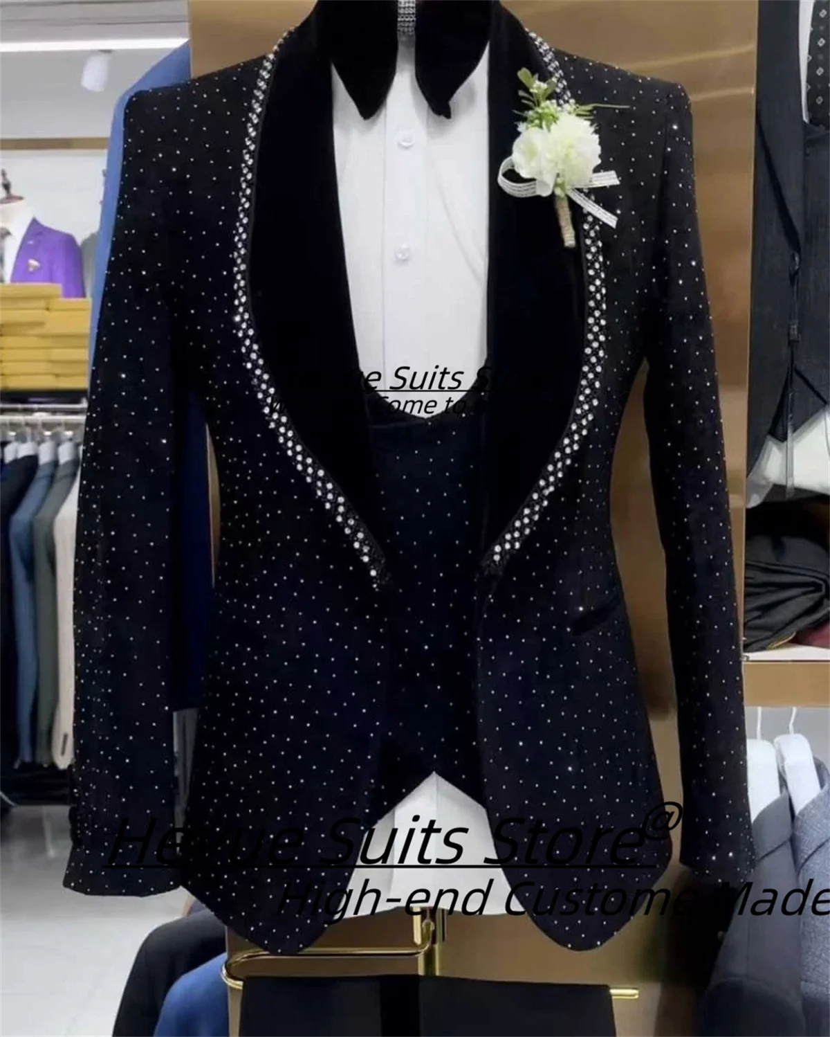 

Shiny Luxuly Diamond Men Suits Customized Slim Fit Shawl Lapel Groom Wedding Tuxedos 2 Pcs Sets Male Prom Blazers Costume Homme