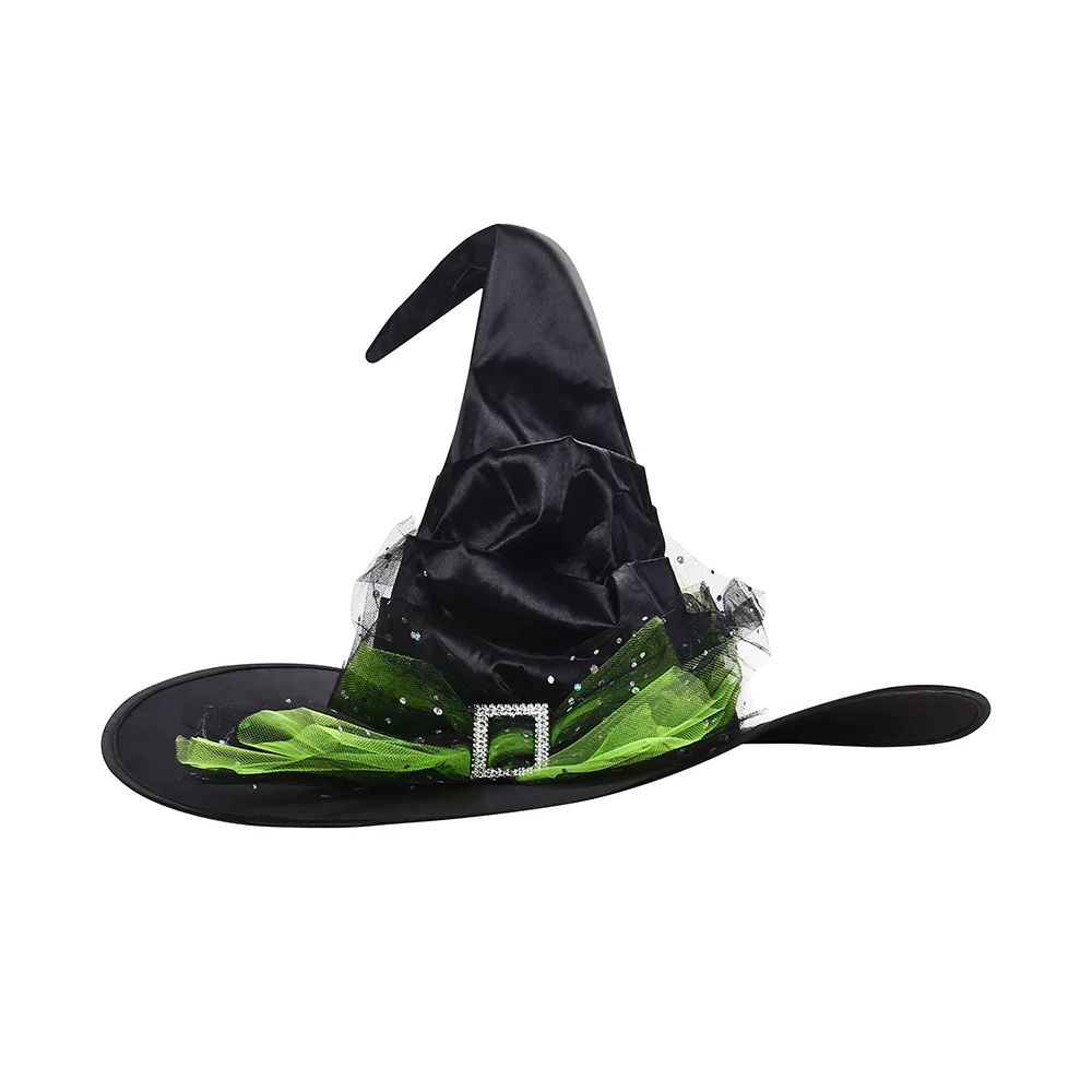 Adult Black Curved‑horn Ruffled Witch Hat, Cosplay Costume Headwear For Halloween Party Masquerade