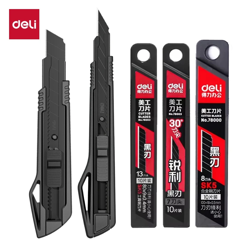 Deli Heavy Duty Utility Knife Sharp Black SK5 Carbon Steel Blades 9mm/18mm/Auto-Retractable Box Cutter for Cardboard Cartons