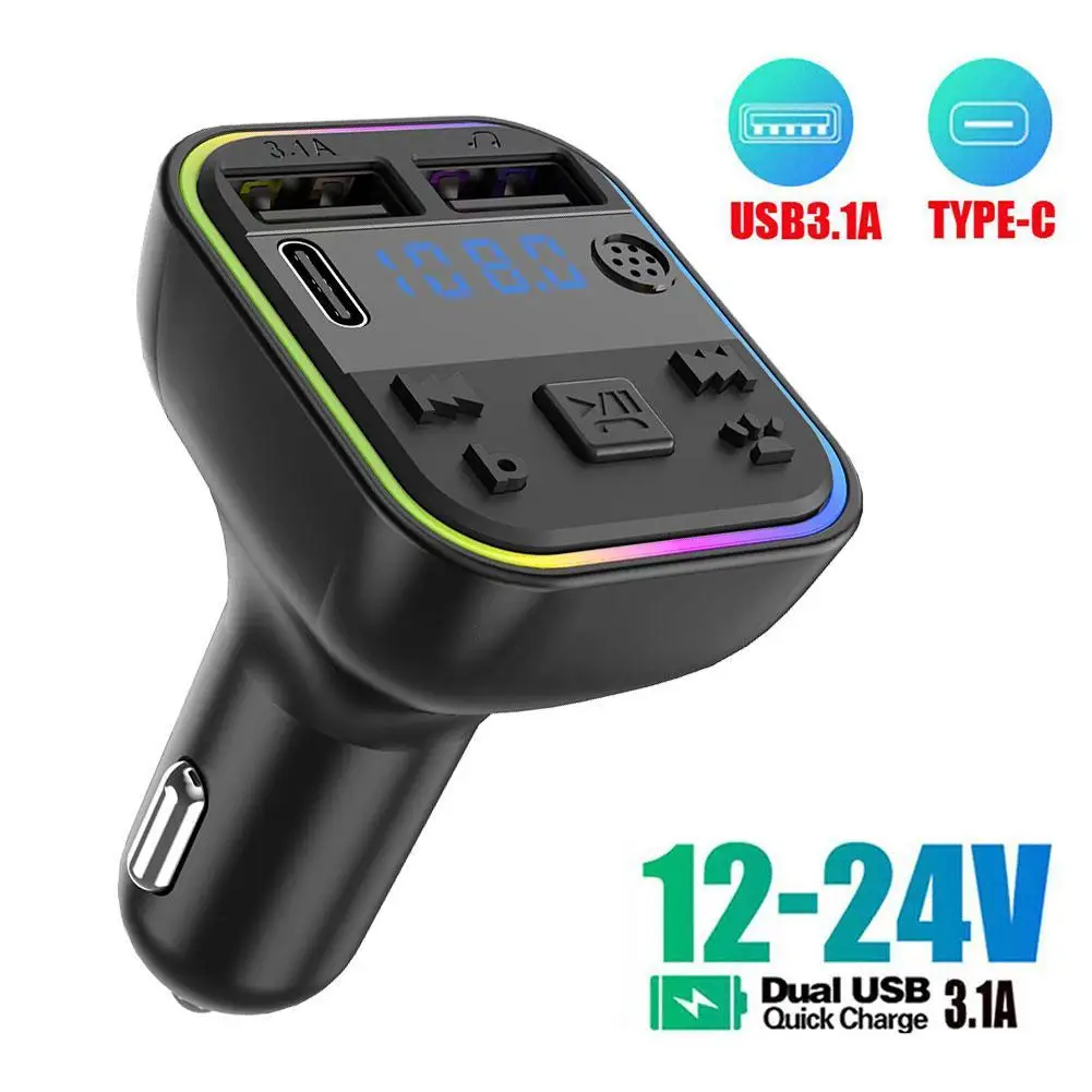 

Car Bluetooth 5.0 FM Transmitter Type-C Dual USB 3.1A Fast Charger Colorful Ambient Light Handsfree MP3 Modulator Player