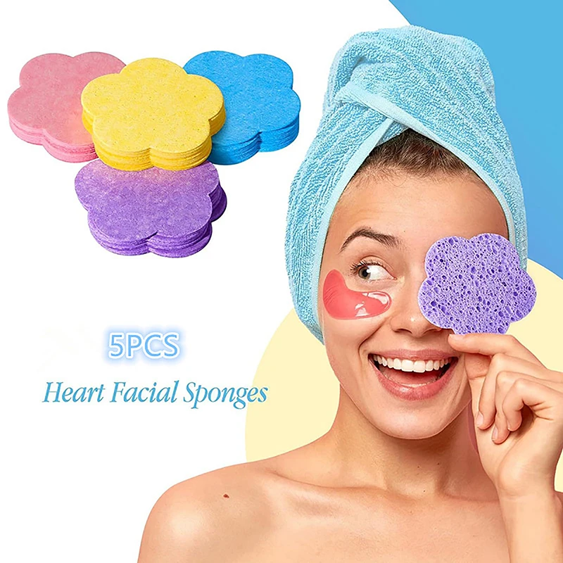 5PCS Plum Blossom Shape Face Sponge Remover Tool Natural Wood Pulp Cellulose Compress Cosmetic Puff Facial Washing Sponge Makeup