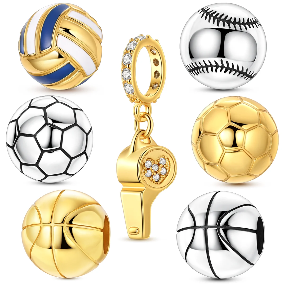 Pingentes de Prata 925 em Formato de Apito Dourado para Pulseiras Originais, Joias DIY, Presente de Futebol, Basquete e Voleibol