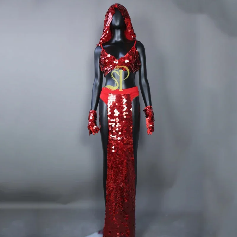 Nieuwe sexy gogo danseres kostuum rode pailletten omzoomd set paaldans kleding vrouwelijke nachtclub dj ds podium rave outfits podiumkleding