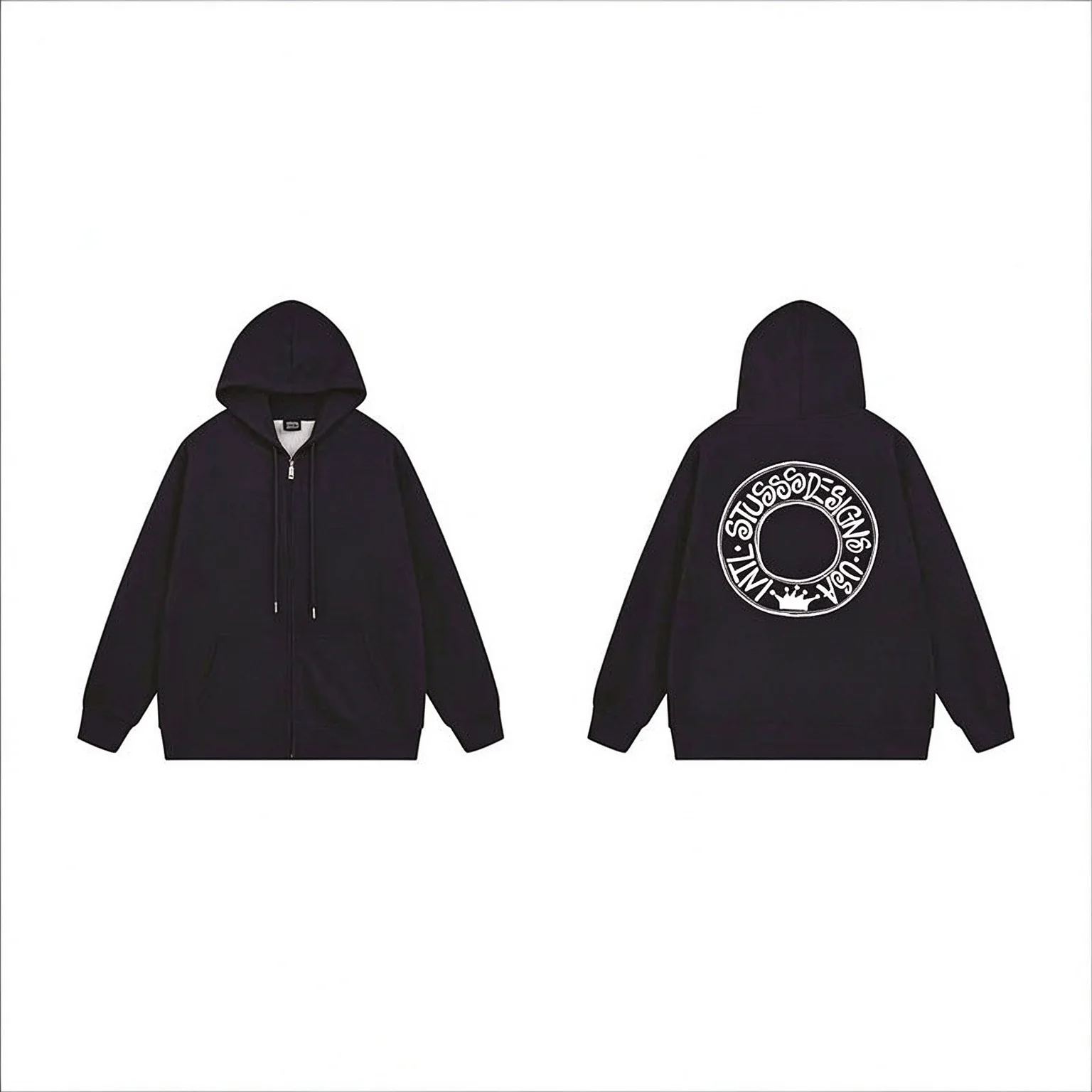 Oversized Zip Up Hoodie Men Women Vintage Arched Letter Print Hooded Jacket Casual Streetwear Fall Winter Sweatshirt
