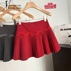 Minifalda plisada de terciopelo con lazo para mujer, Falda corta de Color liso, de cintura alta, elegante, combina con todo, novedad de 2024