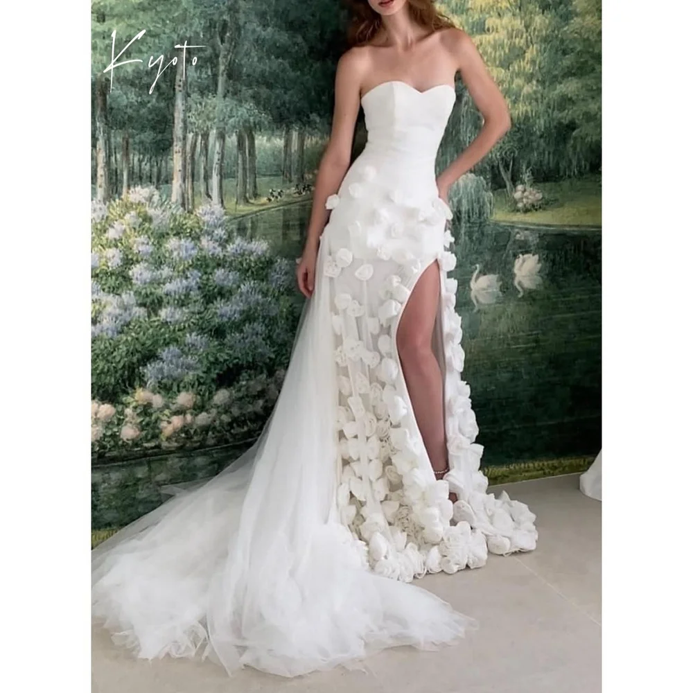 

Kyoto Customized 3D Flower Side High Split Wedding Dress Strapless Long Train فستان زفاف Mermaid Zip Back 2025 vestidos de novia