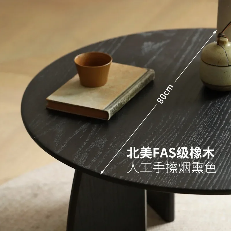 Mesa de centro pequeña de madera maciza negra, mesa de té zen redonda japonesa, redonda de madera de fresno wabi-sabi