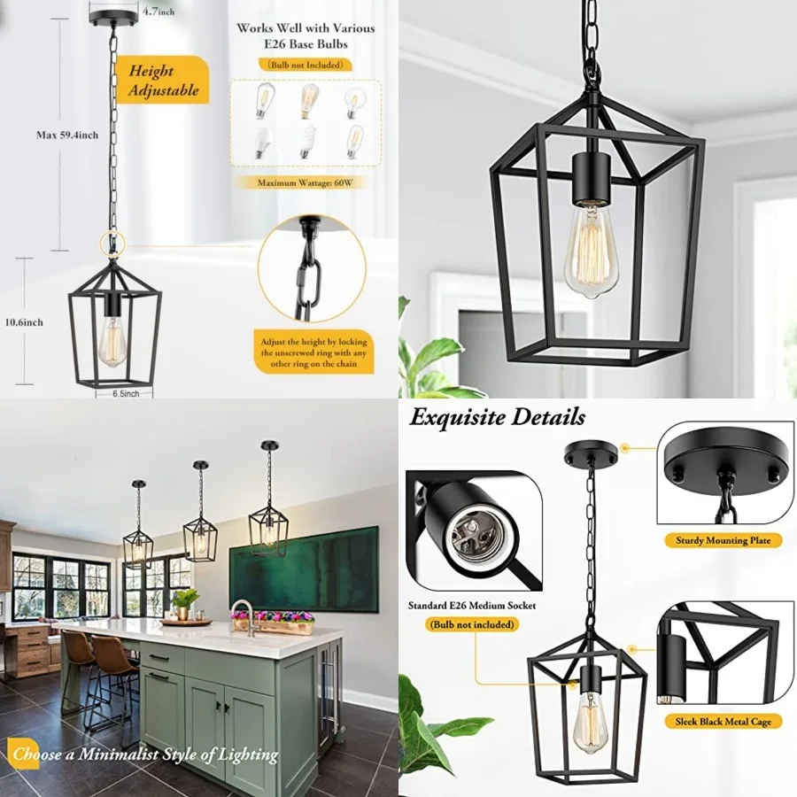 Farmhouse Black Pendant Light for Kitchen Island Industrial Hanging Lantern Fixture Modern Metal Cage Lamp Chandelier Lighting