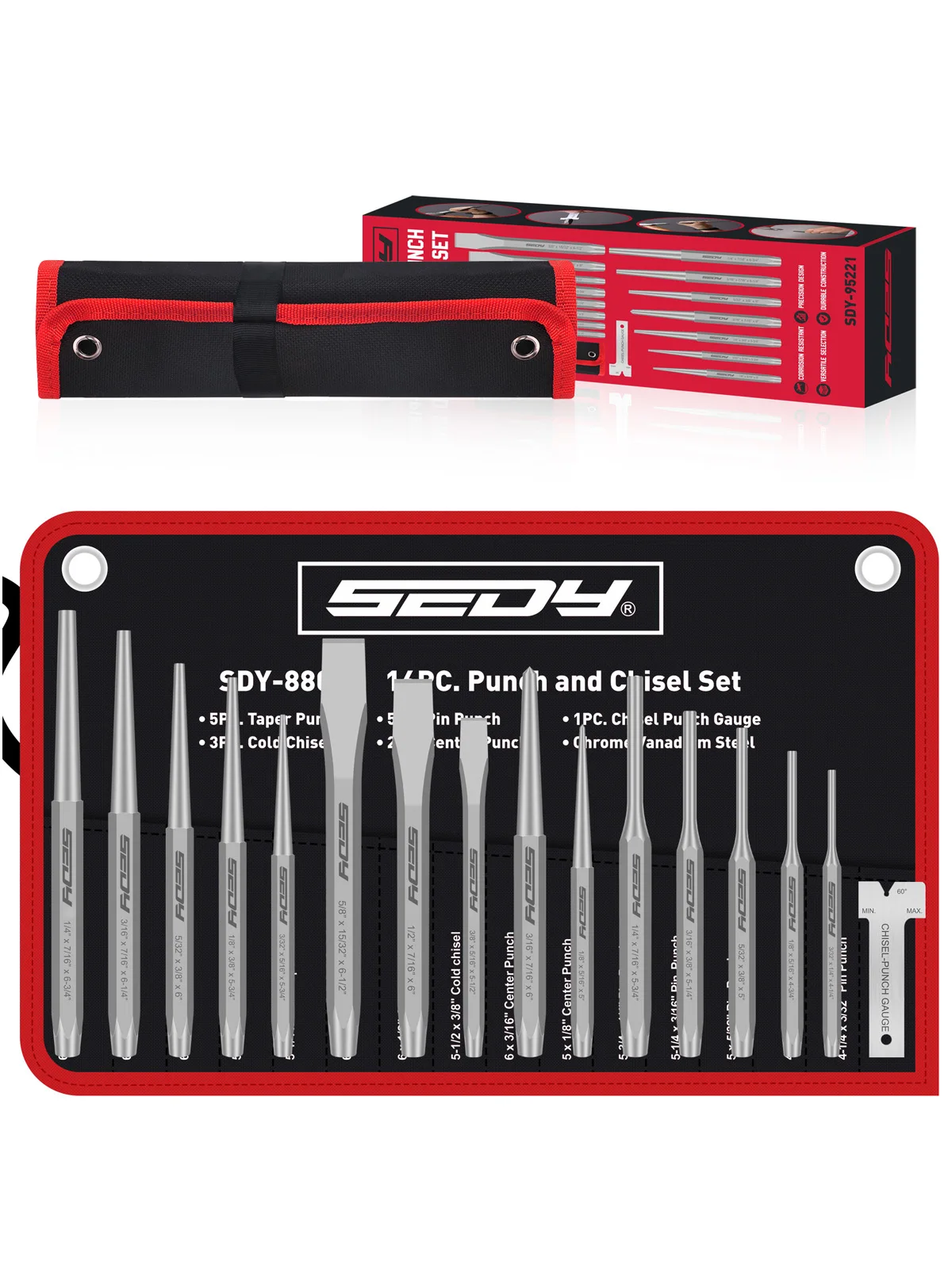 SEDY 16 pièces ensemble de poinçons et de ciseaux de précision-poinçon conique, poinçon à broches, poinçon central, ciseaux à froid et jauge pour applications polyvalentes