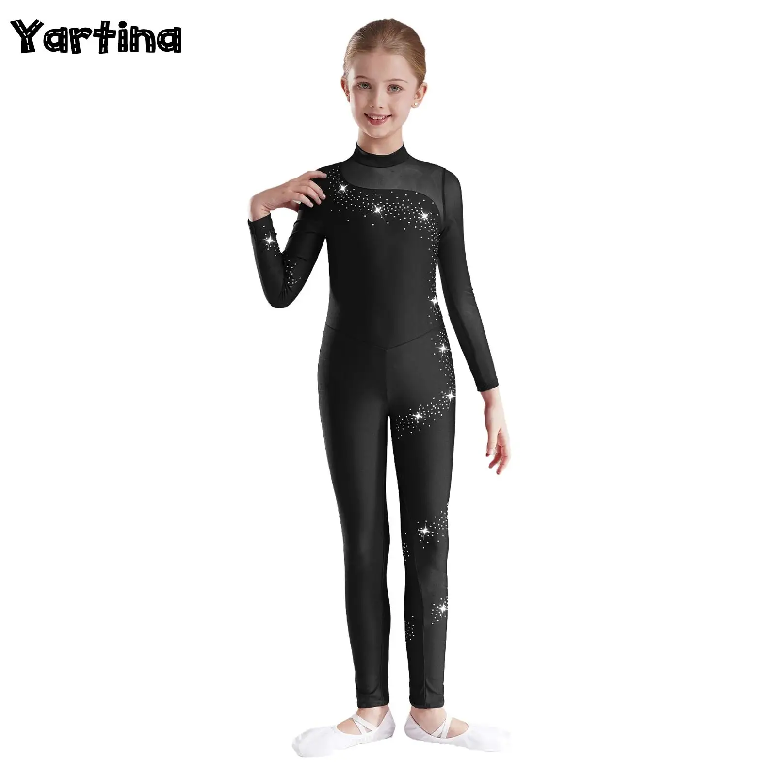 Kids Girls Rhythmic Gymnastics Artistic Skating Costume Full Body Ballet Unitard Jumpsuit Long Sleeve Tight Fitting Bodysuit