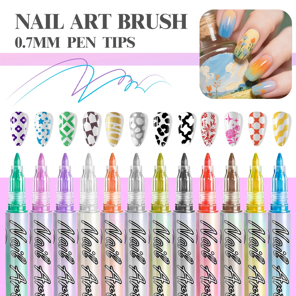 

12-Color 0.7mm Nail Art Pens, with a Press-To-Ink Design, Quick-Drying and Smudge-Proof, High-Saturation Colors for One-Stroke Coloring, Allowing You to Create DIY Hand-Drawn Lines, Patterns, and Details. It Is a Practical Tool for Nail Technicians and Na