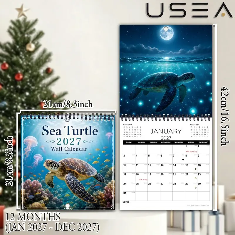 2027 Wall Calendar, Large Writable Blocks, US Federal Holidays & Lunar Moon Phases, Sea Turtle Ocean Theme, Christmas Gift