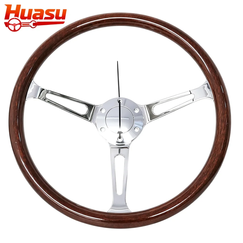 Huasu Big Hole Polishing Spoke Classic Wood Grain Look Racing Steering Wheel 15inch 380mm Concave ABS Grip Car Accessories