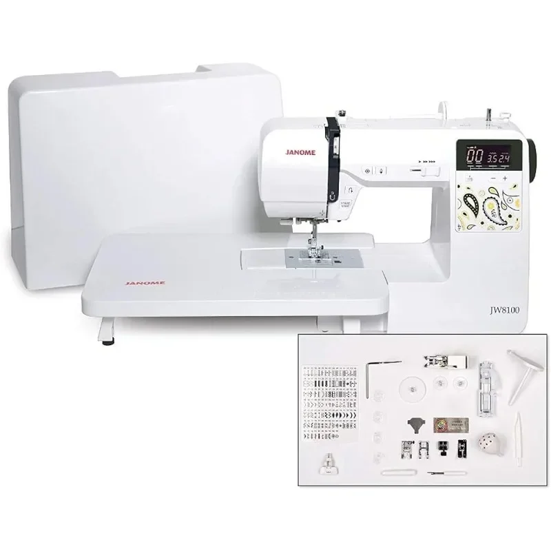 Janome JW8100 Fully-Featured Computerized Sewing Machine w 100 Stitches,7 Buttonholes,Hard Cover,Extension Table, 22 Accessories