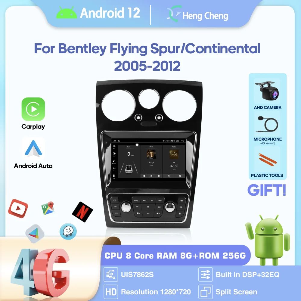 9 Inch Android12 MediaCarPlayer For Bentley Flying Spur/Continental 2005-2012 GPS Navigation 8Core 8+256G CarPlay 4G 360Camera