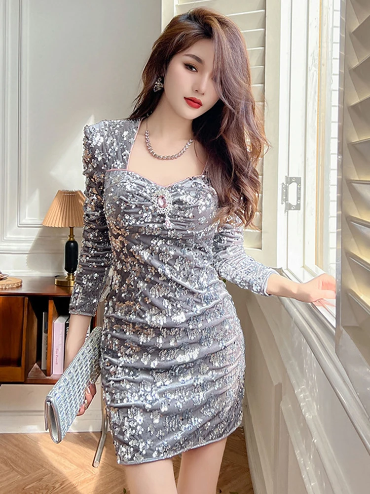 Robe de bal Vintage élégante en velours gris pour femmes, paillettes brillantes, diamant rose, manches longues, moulante, Mini robe de soirée, Club