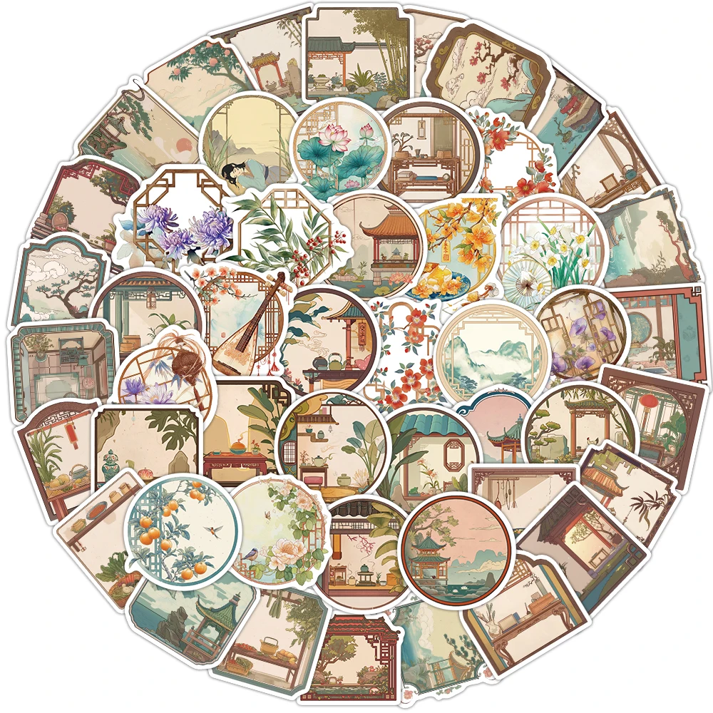 50PCS Schöne Chinesische Stil Szene Blume Fenster Graffiti Aufkleber Sammelalbum Collage Material Telefon Wasser Tassen Gitarre Dekoration
