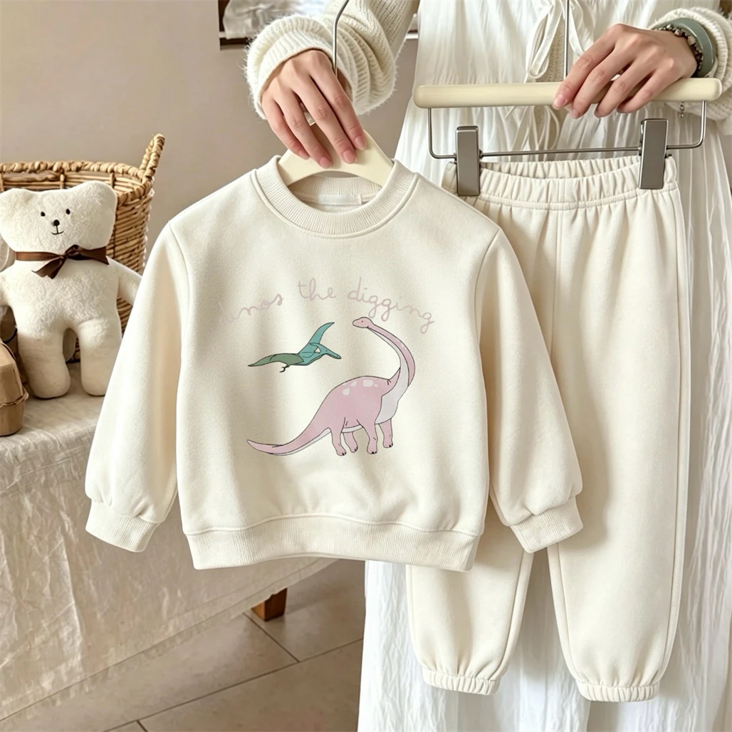 Kids Cartoon Hoodies+Pants Two Piece Set Spring Autumn Clothing Round Neck Tops Dinosaur Print Sweatshirts Loose Sweatpants