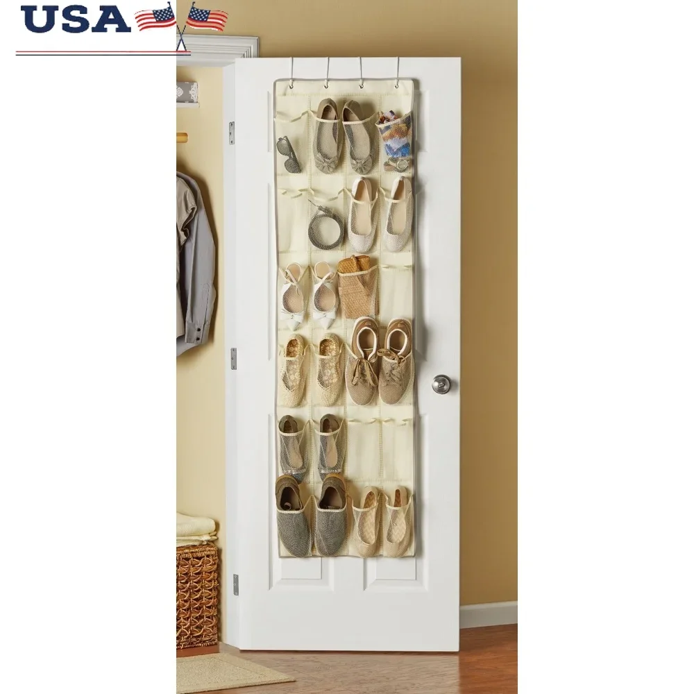 

24 Pocket Over the Door Shoe Organizer Canvas Storage with Mesh Front Quick Access and Easy Installation Metal Hooks Included