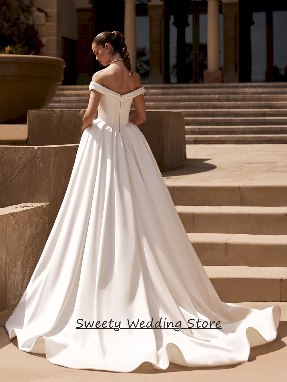 Customized Woman Bridal Gown for Bride Modern Off The Shoulder V Neck Draped Skirt A Line Wedding Dress Sweep Train