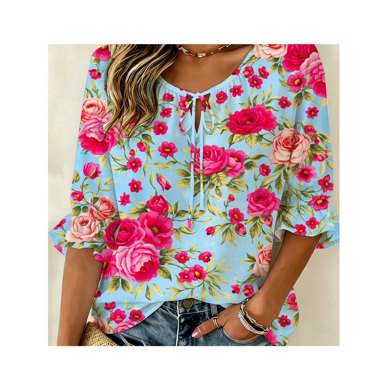 Women's Vintage Contrast Color Floral Print Fashionable Round Neck Three-Quarter Sleeve Tie-Up Shirt Plus size romance Lake blue