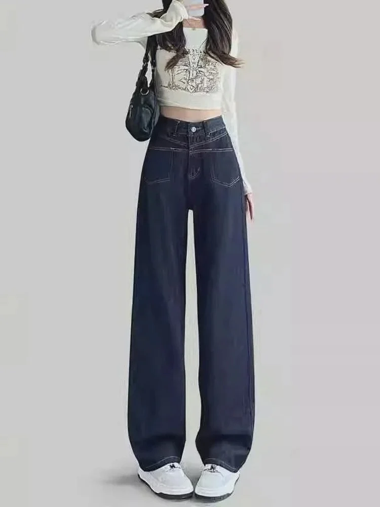 

Deep Blue High Waist Straight Leg Jeans Women's Autumn 2024 New Loose Wide Leg Slimming Design Narrow Version Jeans