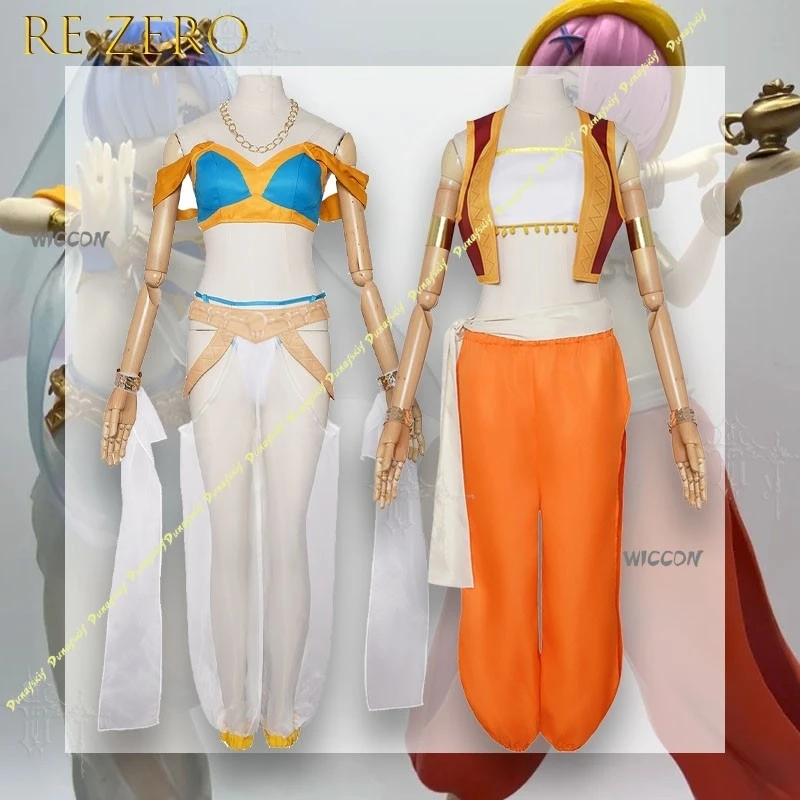 Disfraz de cosplay de anime Re:Zero Ram y Rem, doble, femenino, con corsé largo y fluido, de la Lámpara Mágica, para adultos, Halloween