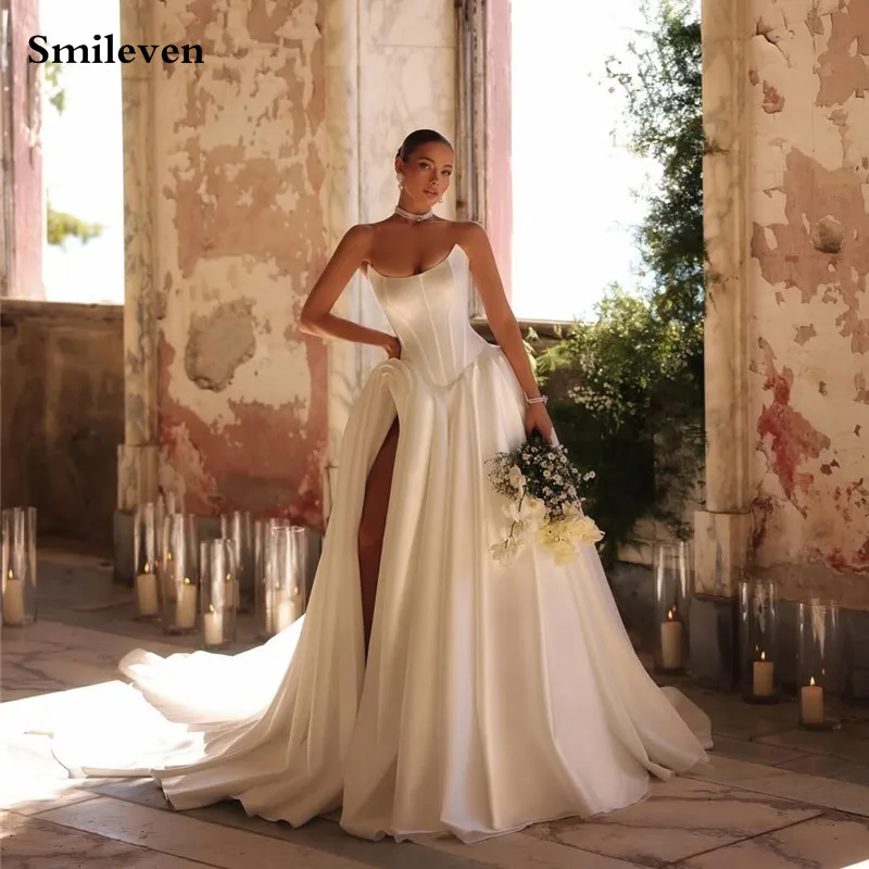 

Smileven Princess Wedding Dresses A Line Strapless Bride Dresses Side Split Vestido de novia 2024 Customized Satin Wedding Gowns