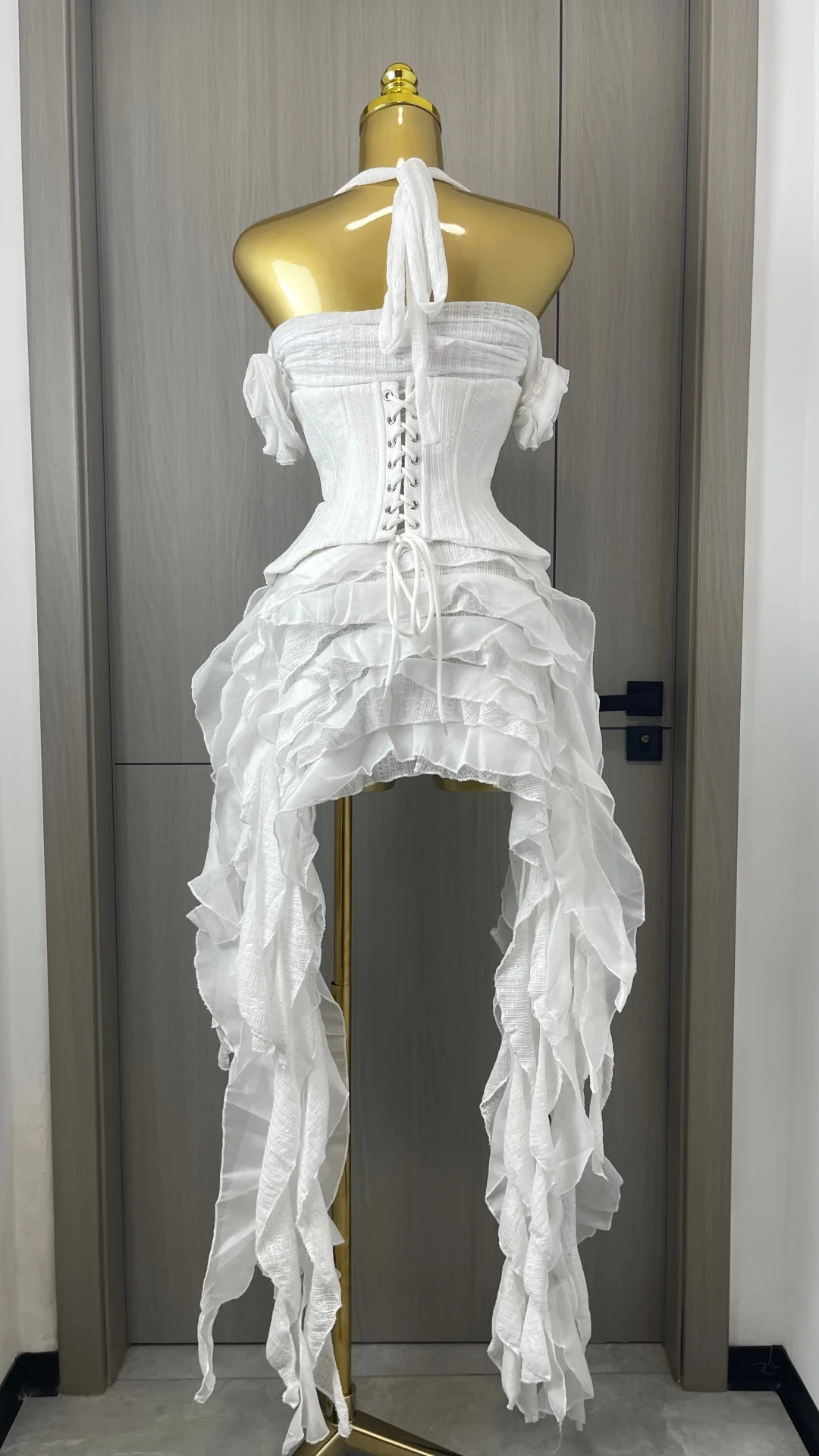 Women Skirt Suit Draped Dress Three Piece Sets Sexy Halter Ruffled Dress Lace-up Corset Top Shorts Party Cocktail Dress Vestidos image 6