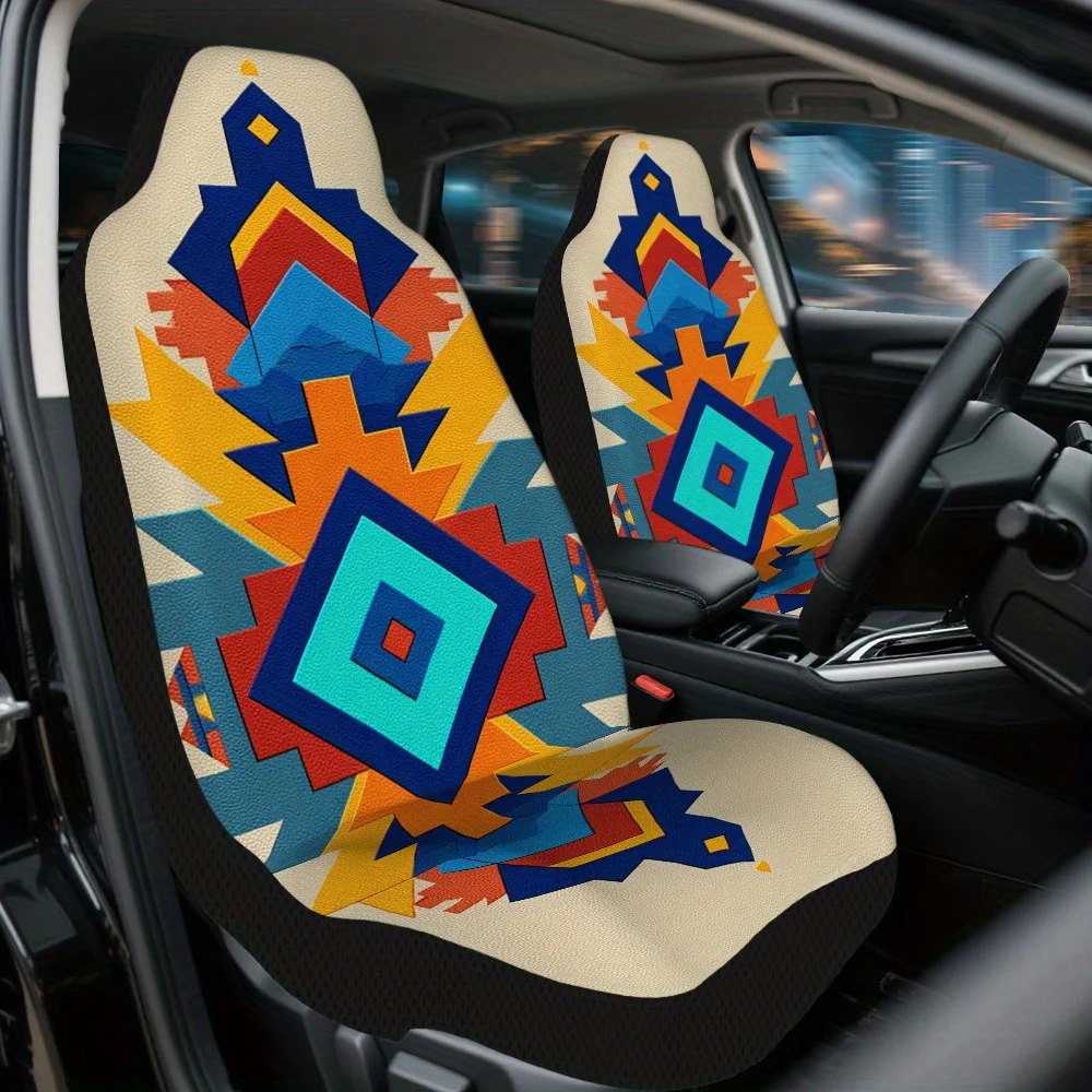 2pcs Colorful Geometric Print Car Seat Covers – Fit For Cars, Trucks, Vans, And SUVs | Durable Protectors For Front Seats | Eas