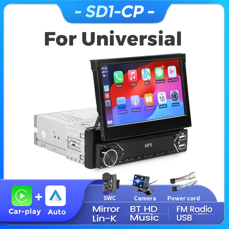 Navifly HD 터치 무선 안드로이드 자동 카플레이, MP5 플레이어, 개폐식 스크린 미러 링크, BT FM USB AUX 캠, 1Din 멀티미디어, 7 인치 