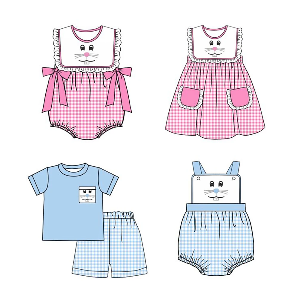 Easter The New Girls and boys clothes Short sleeve series suit rabbit graphic print Plaid and solid fabrics