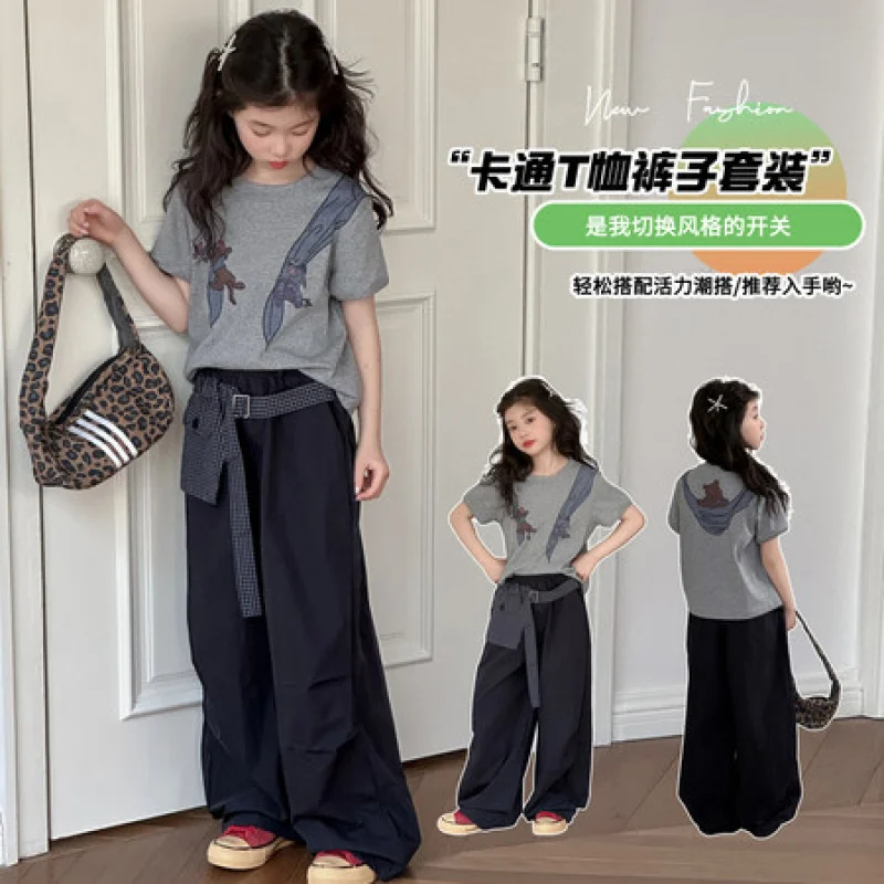 

Summer new Korean-style girls' workwear set, stylish and loose-fitting children's summer two-piece outfit for older kids, wholes