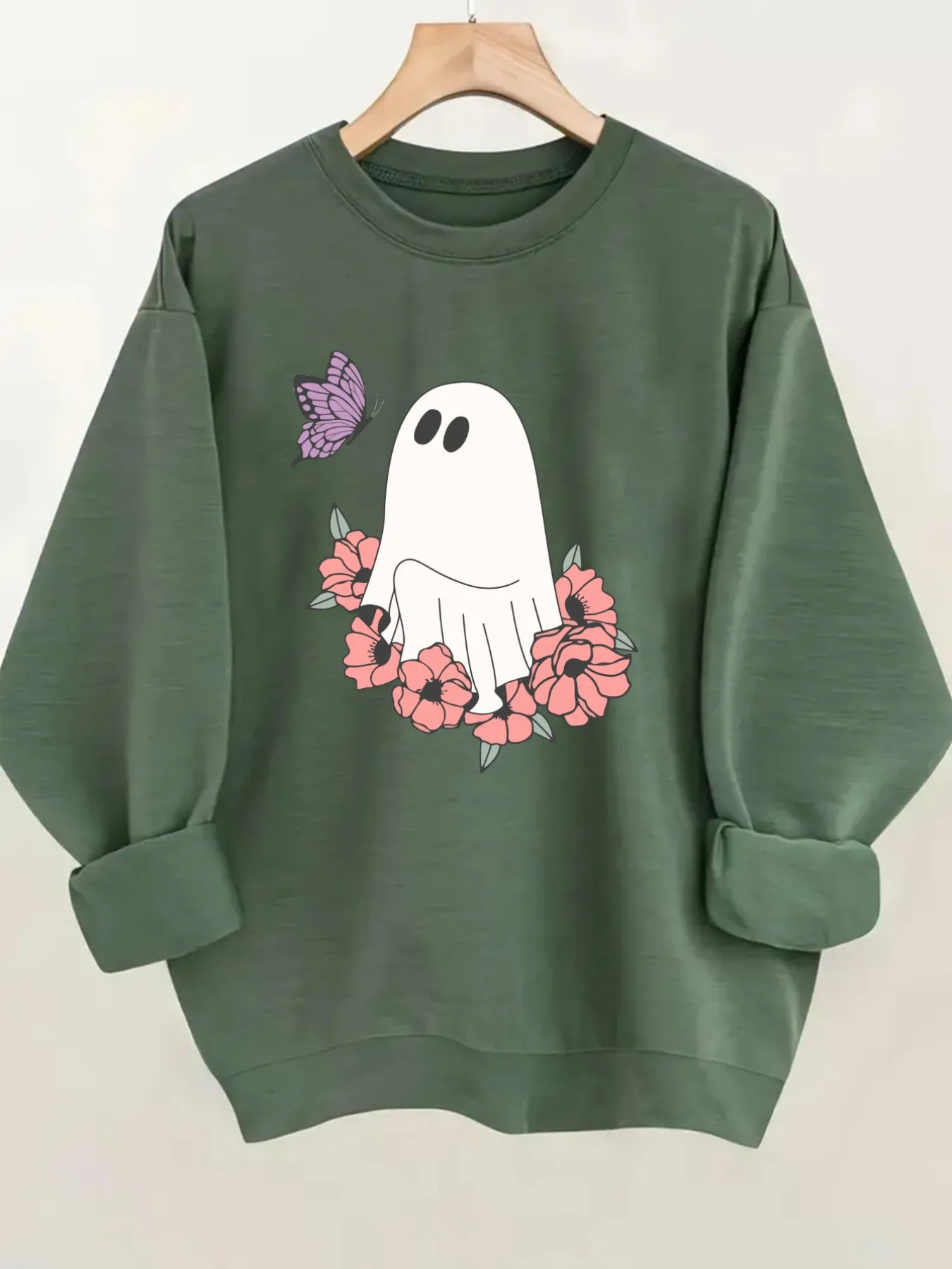 Women's Crew Neck Pullover Sweatshirt Ghost Flower Butterfly Design, Soft Casual Long Sleeve, Daily Casual Top Outfit, Winter Women's Clothing, Halloween Costume Outfit