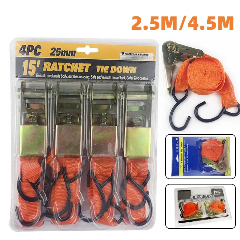 2.5M/4.5M Tie Down Belt Truck Lashing Car Cargo Ratchet Strap Tension Rope Motorcycle Bike Transport Luggage Tow Bag Clothesline