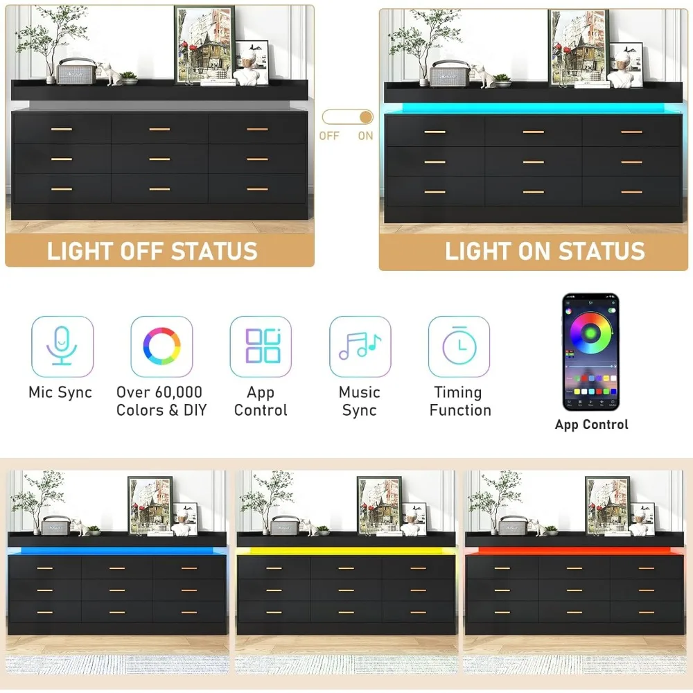 Drawer vanity with charging station and LED light, chest of drawers with power outlet, organizer cabinet in entryway, black