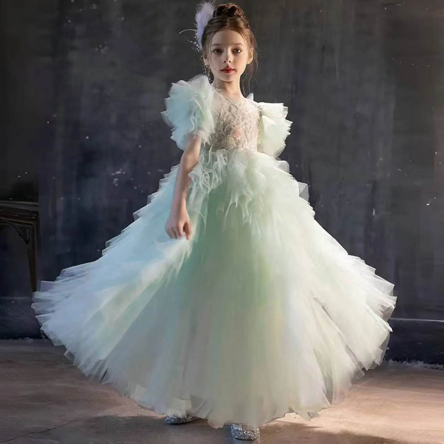 

Jill Wish Elegant Sage Green Flower Girl Dress Arabic Princess Kids Wedding Birthday Party Gowns vestidos de novia J077