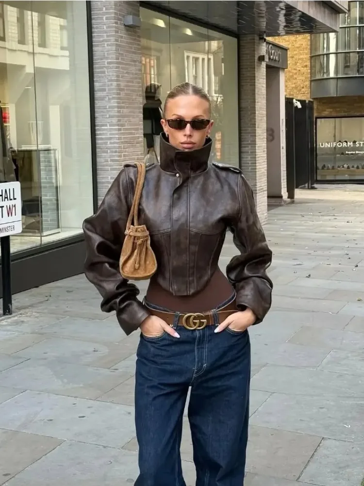 Faux Leather Jacket Solid Waist Cinching Leather Jacket Women Stand Collar Full Sleeve Grow Leather Jacket Zipper Buckle Coat
