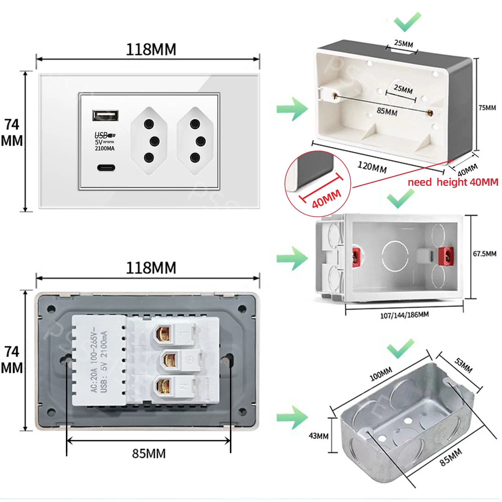 

PSSRISE Brazil Wall Power Socket with 5V 2.1A USB Type-c Fast Charger Tempered Glass Panel Light Switch Wall Outlet 118*74mm