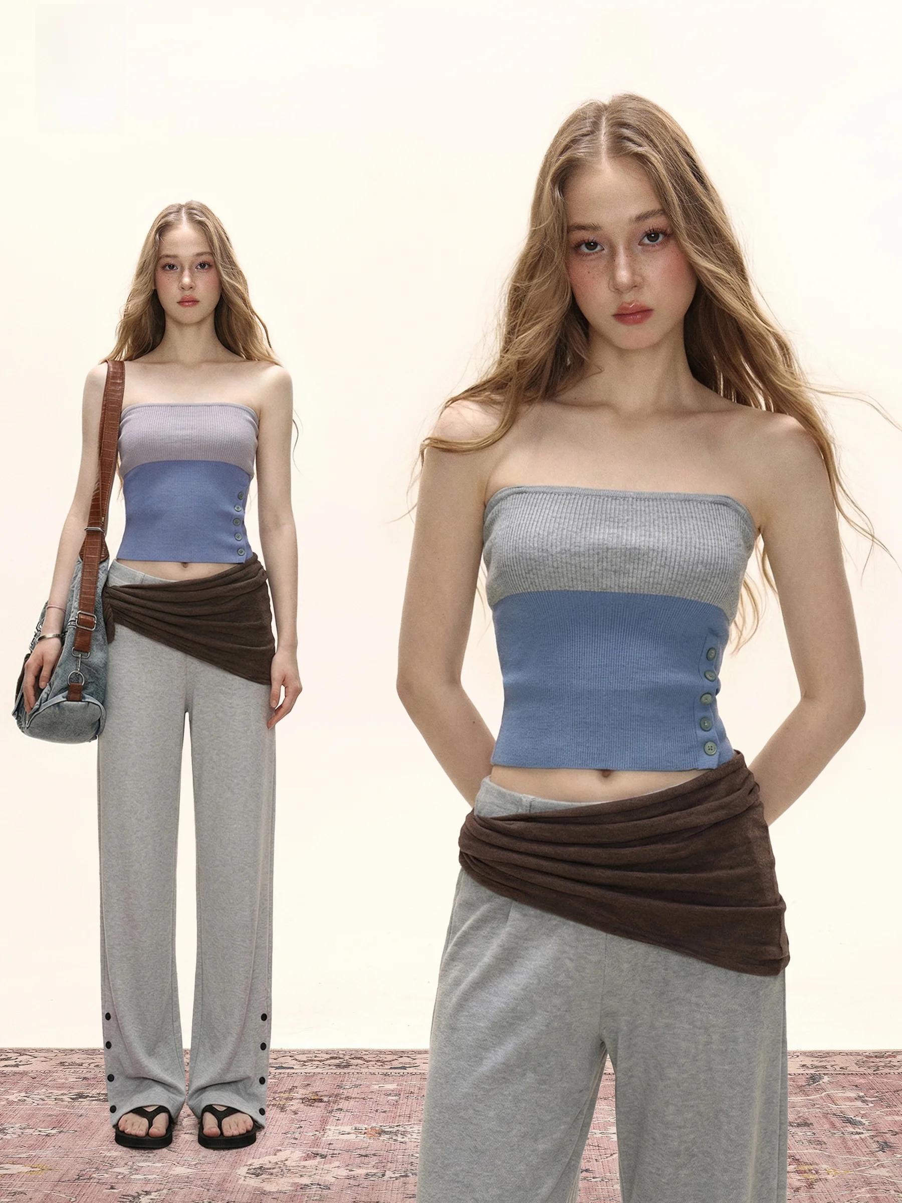 

American Style Color Block Tube Top Vest Women Summer Slim Fit Side Button Design Sexy Sleeveless Outerwear Casual Fashion