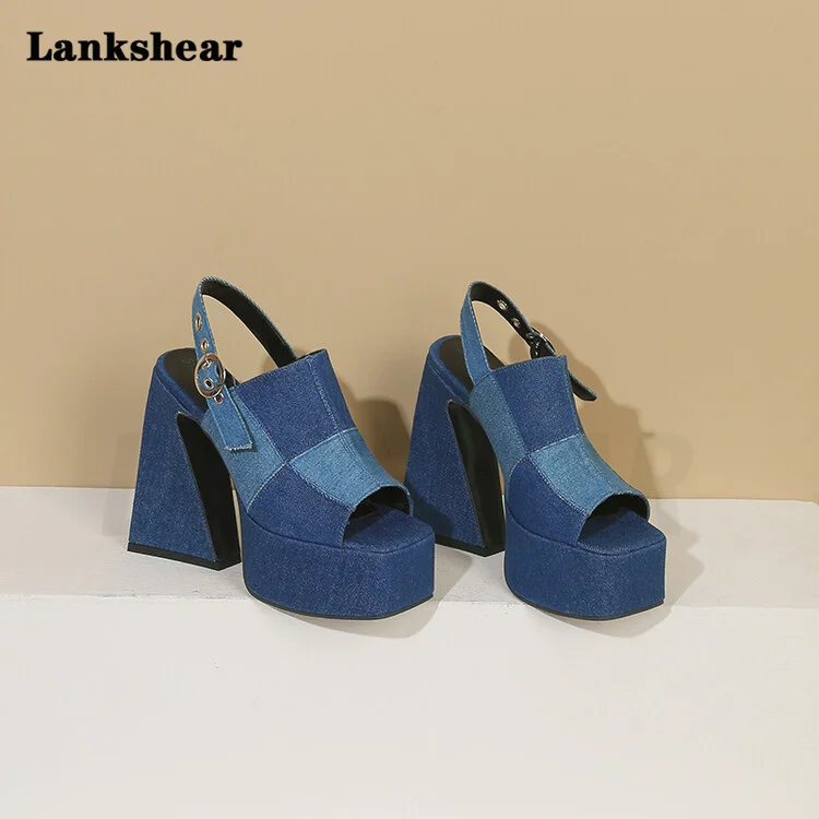 

Denim Sandals Fashion Heightening Summer New Word Buckle High Heels Large Size 34-48 Thick Heel Platform Sandals for Women