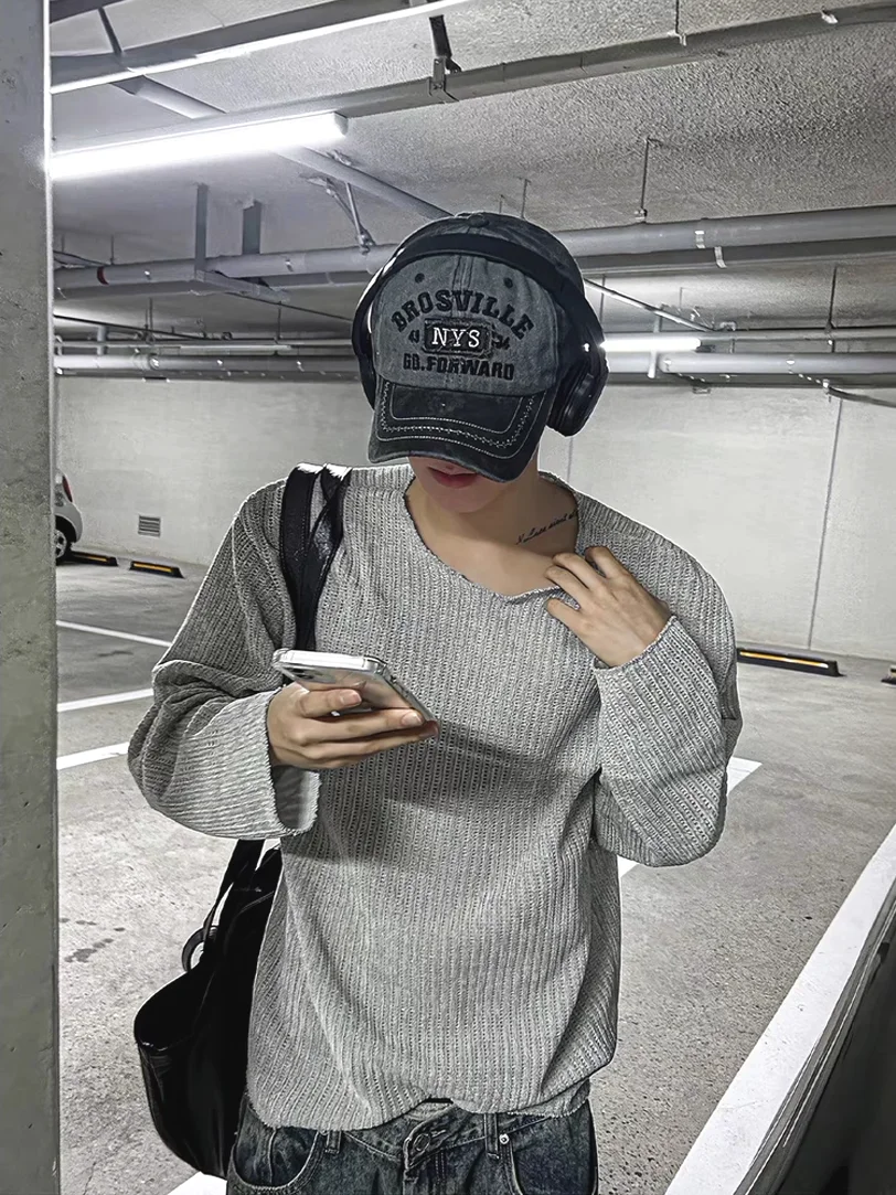 Loose Fit Long Sleeve Knitted T-Shirt for Men Hollow out Design Ice Silk Mesh Wool Blend Sunshade Cover Casual Youth Style