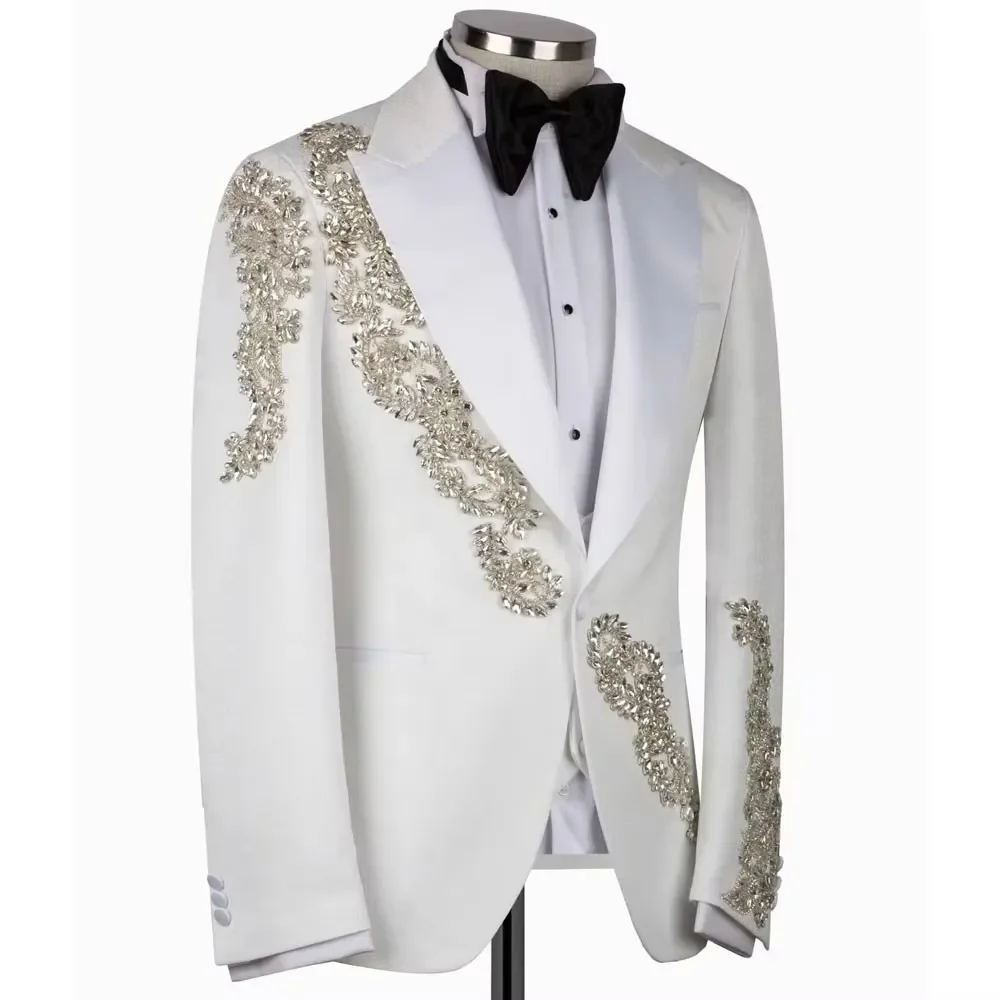 White Suits Men For Wedding Crystal Beaded 2 Pieces Jacket Pants Groom Tuxedo Formal Business Banquet