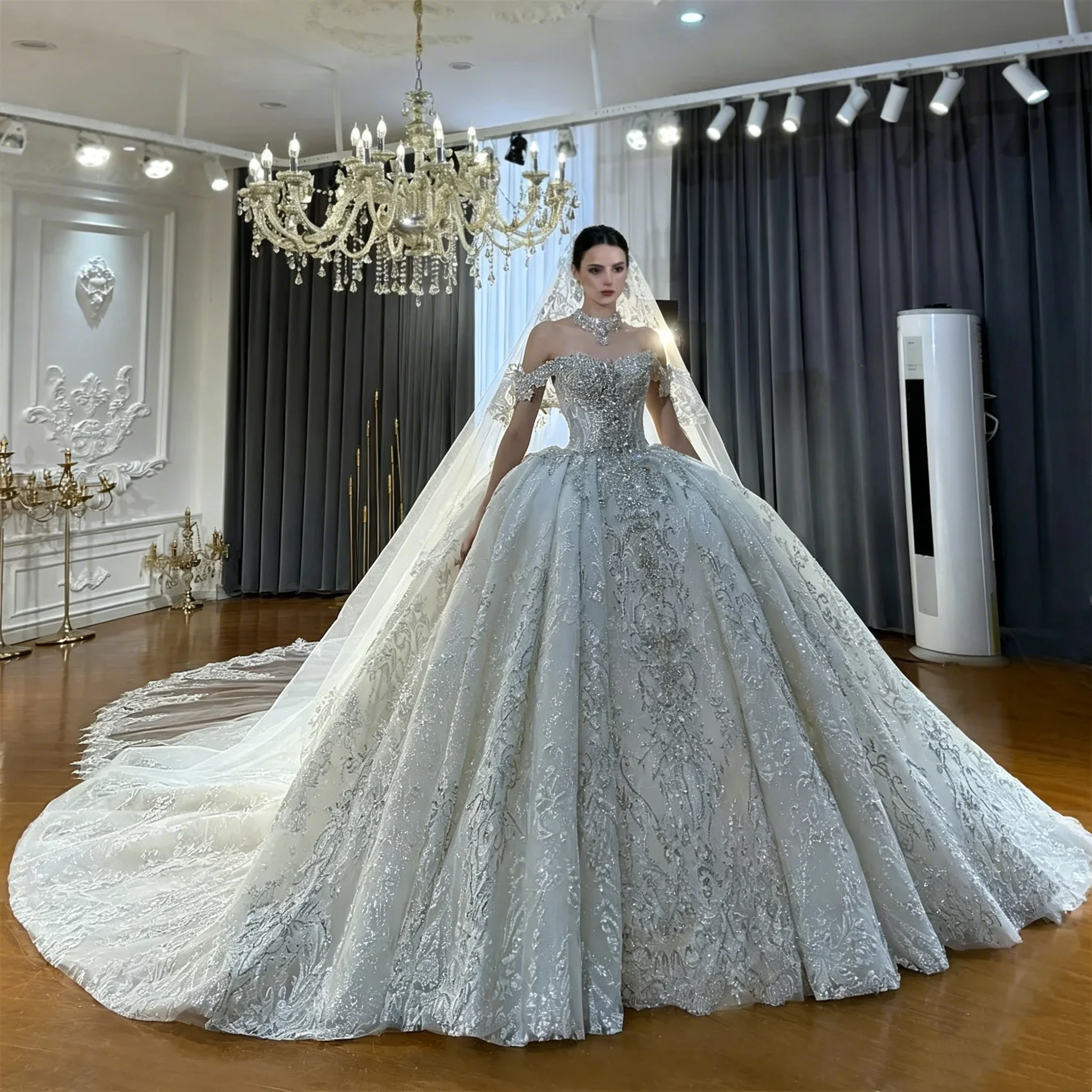 Luxury Crystal Beaded Ball Gown Wedding Dress Off Shoulder Sweetheart Neck Cathedral Train Bridal Gown amanda novias official