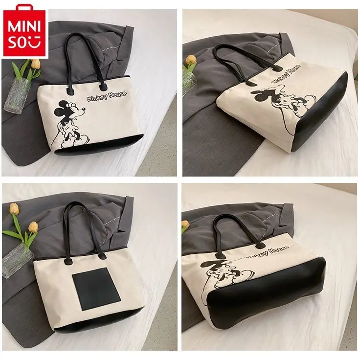 MINISO 2024 new fashion ladies commuting Mickey printing Joker one-shoulder large-capacity student storage tote bag