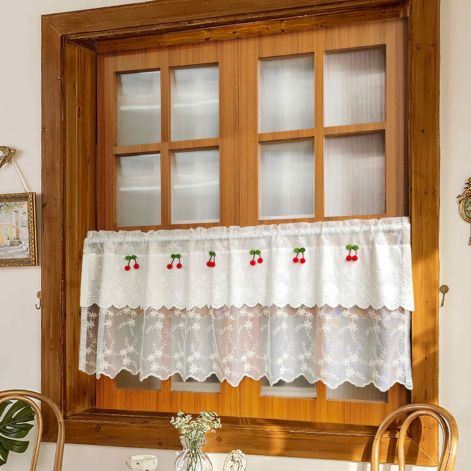 Exquisite Cherry Lace Tulle Short Curtain Valance Double Layer Floral Voile Roman Curtain for Kitchen Cafe Study Home Decor