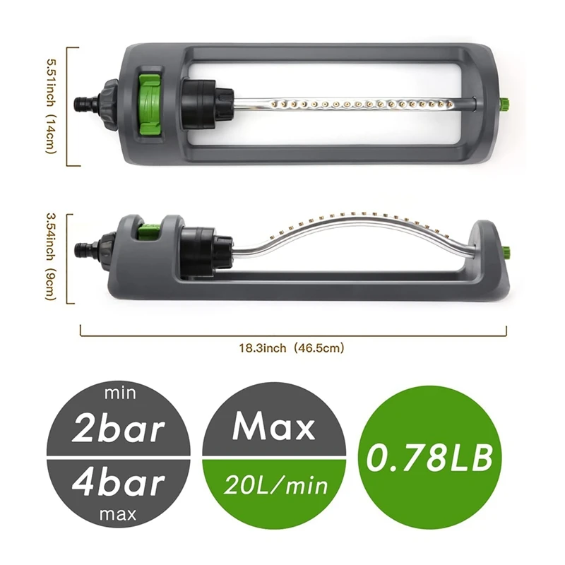 Спринклер для газона, Осциллирующий спринклер с 18-ю латунными насадками, спринклер для воды для газона до 3600 кв. футов
